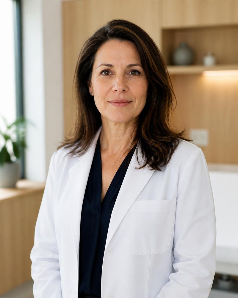 Retrato de exemplo de uma médica em jaleco branco, imagem gerada por IA
